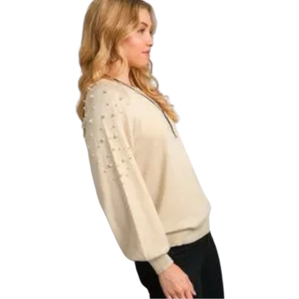 Umgee Cream Sweater with Pearl Embellishments NWT Size S